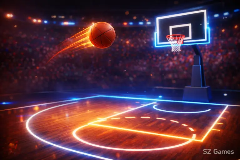 shooting basketball in arcade-style hoop with casual indoor setting, SZ Games watermark