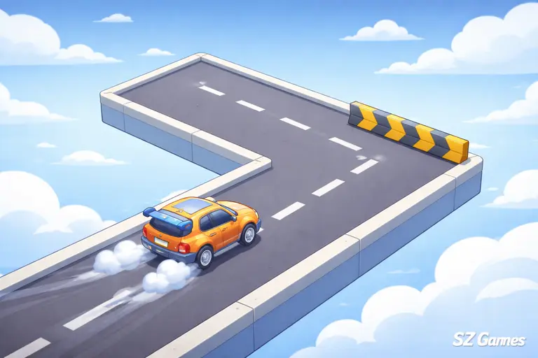 Drift Boss gameplay showing small car drifting on narrow floating road in sky with sharp turns – SZ Games