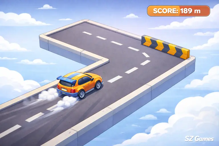 Drift Boss sharp floating road turn with car mid-drift and high score counter visible – SZ Games
