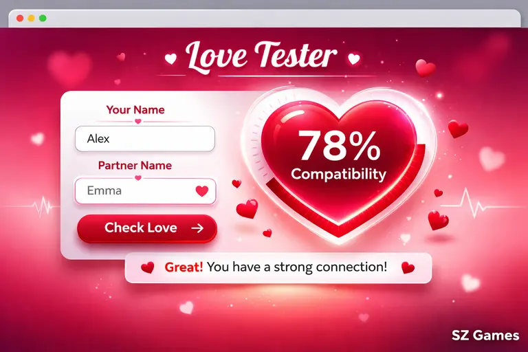 Group of friends smiling while looking at phone showing love tester game result, SZ Games