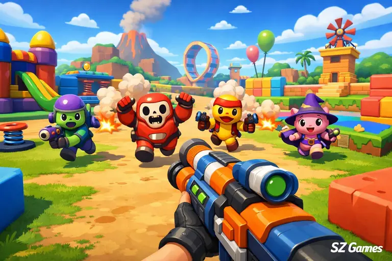 Funny Shooter 2 style colorful arena with cartoon enemies approaching player in first person view, SZ Games watermark