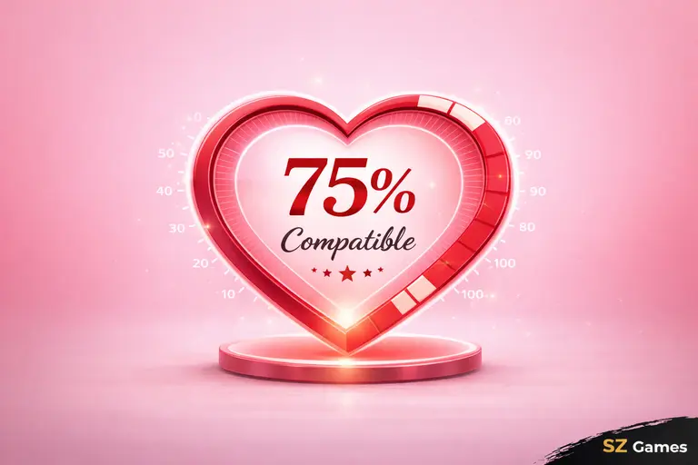 Heart-shaped compatibility meter with percentage scale for Love Tester game, SZ Games watermark