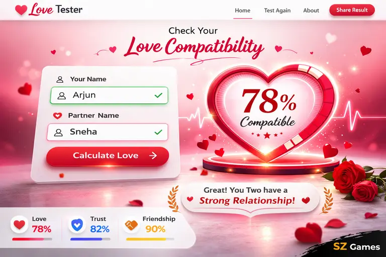 Love Tester game screen with two name input fields and heart percentage result, SZ Games watermark