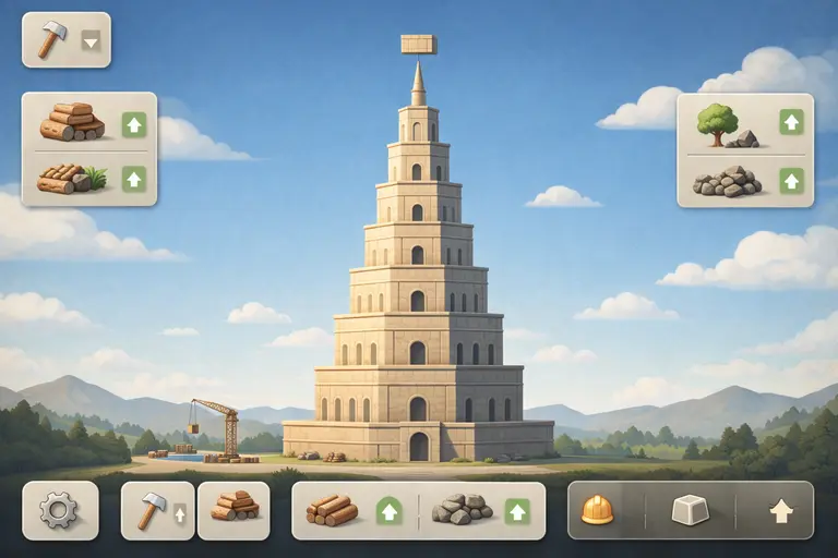 Babel Tower building and upgrade system visualization showing tower floors and resource flow