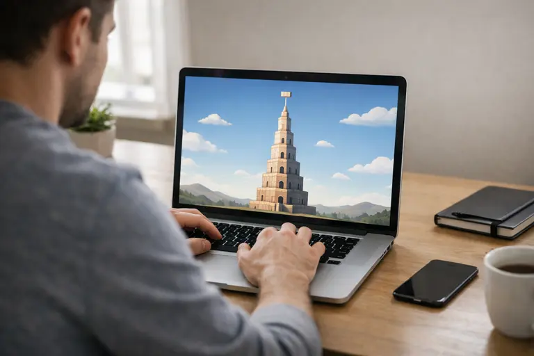 Babel Tower calm building gameplay scene showing a player upgrading a tall tower in a peaceful environment