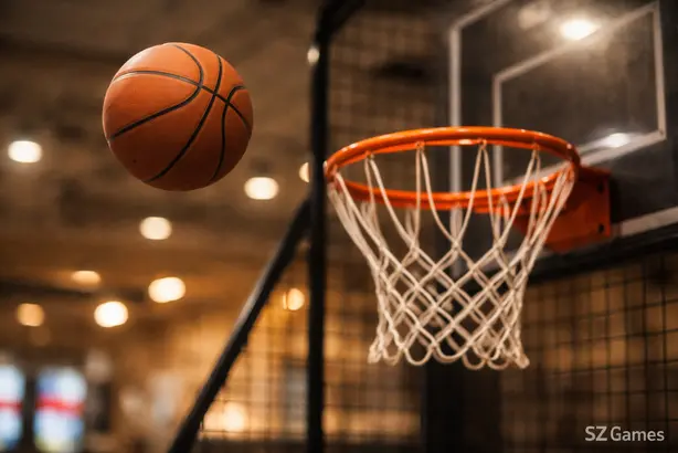 Basketball shot mid-air toward hoop showing timing and skill, SZ Games watermark