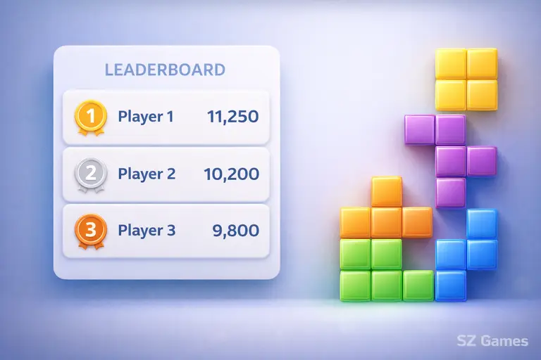 leaderboard-style concept with scores and blocks, game-inspired design, SZ Games watermark