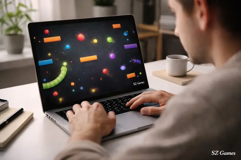 Player enjoying Boing Bang arcade game on laptop with bouncing balls