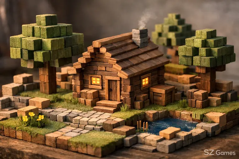 Creative block-style house in a Minecraft-like world with trees and sunlight, SZ Games watermark in corner