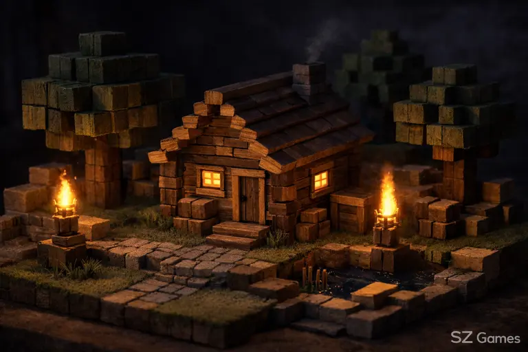 Night scene with simple shelter and torches in a block-style world, SZ Games watermark