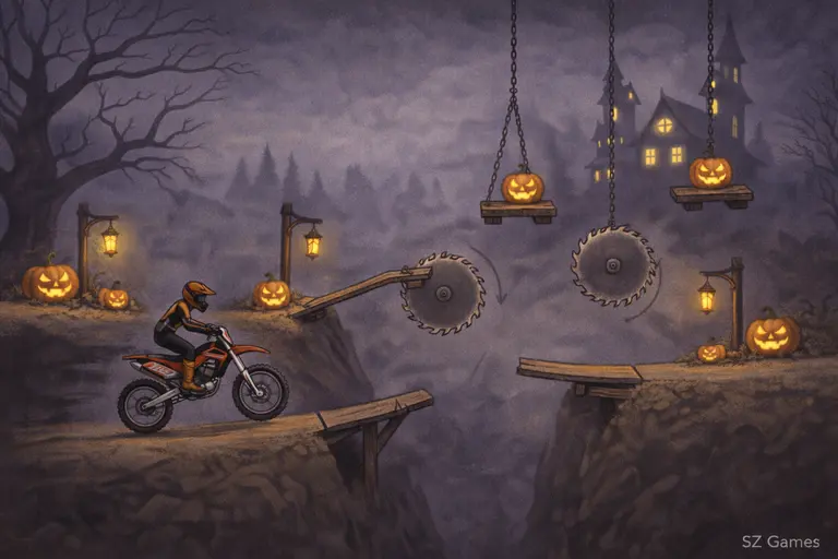 Moto X3M: Spooky Land advanced level with moving traps and narrow platforms