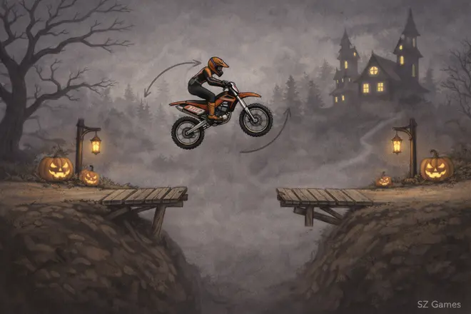 Moto X3M: Spooky Land bike control example showing rotation and safe landing