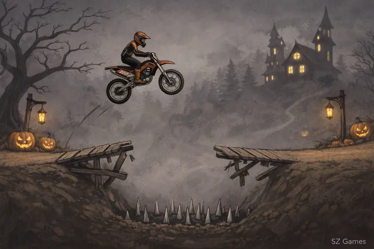 Moto X3M: Spooky Land gameplay showing a motorcycle jumping over a haunted obstacle track