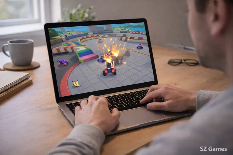 Smash Karts browser kart battle game being played on a laptop at home