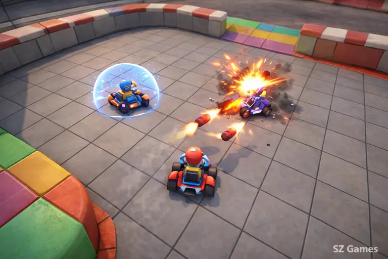 Smash Karts kart battle game showing weapons and combat strategy in an arena