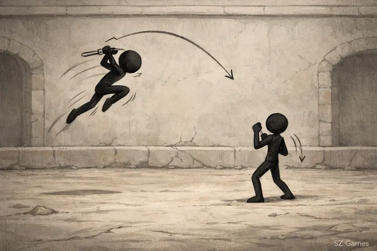 Stickman Warriors 1 control and movement example showing jump and attack timing