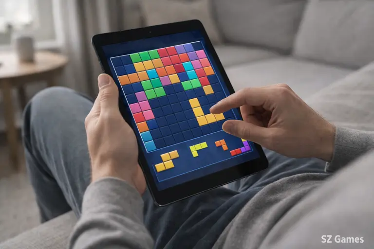 TenTrix block puzzle game displayed on a tablet in a calm living room