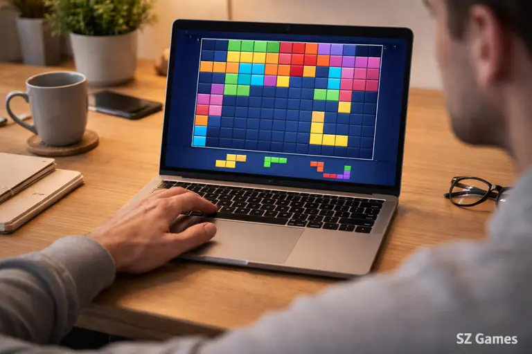 A focused player planning moves in TenTrix on a laptop