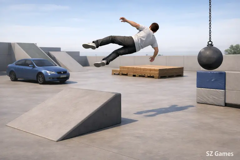 Turbo Dismounting sandbox experiment scene with ramps vehicles and ragdoll character