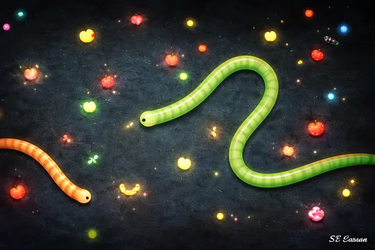 Worms Zone gameplay arena showing worm collecting food and growing
