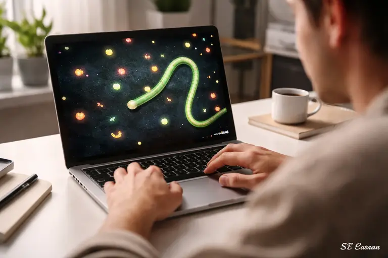 Worms Zone online game player controlling colorful worm in browser game on laptop