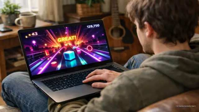 A young adult playing SZ Games Geometry Dash on a laptop in a cozy, sunlit room.