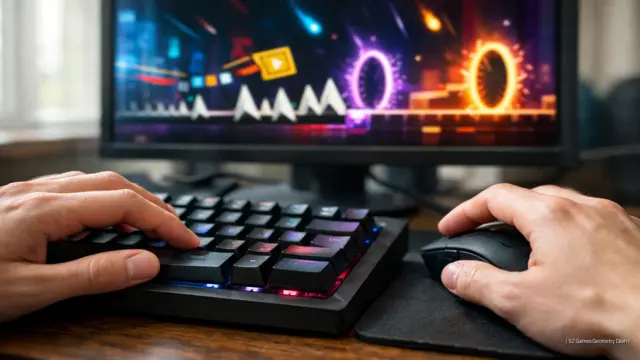  Close-up of hands on a keyboard and mouse playing SZ Games Geometry Dash.