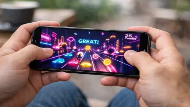 A person playing SZ Games Geometry Dash on a smartphone while sitting outdoors.