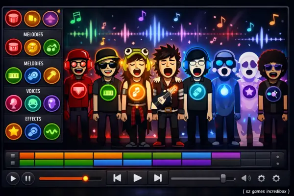 SZ Games Incredibox unblocked gameplay 2026 - drag and drop music game with colorful animated characters