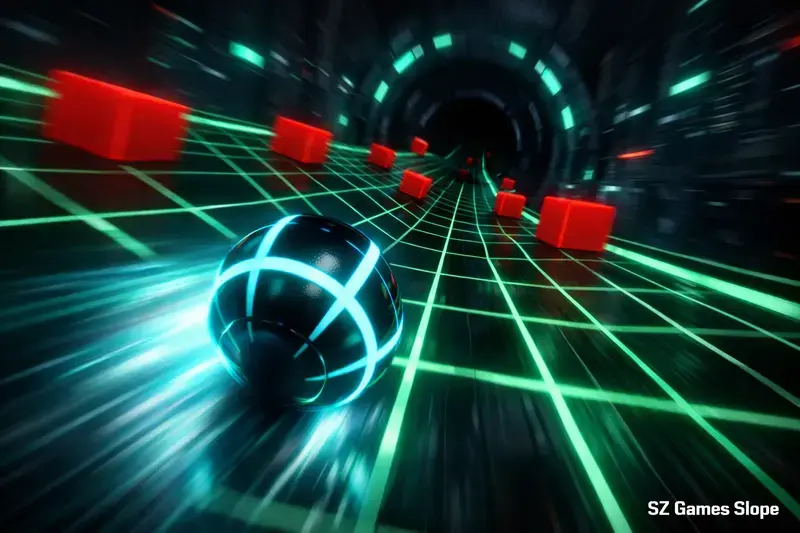 SZ Games Slope unblocked neon ball rolling down steep slope with red obstacles