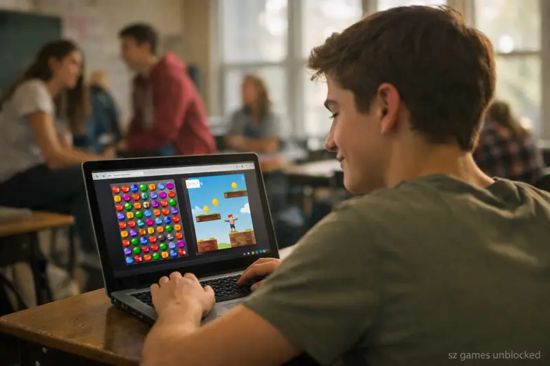 student playing sz games unblocked on laptop during school break in classroom