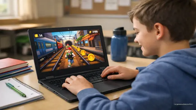 A student playing sz games subway surfers on a Chromebook during a school break.
