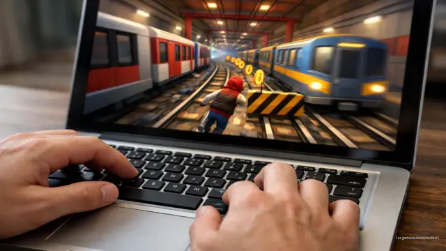 Close-up of hands using arrow keys on a laptop to play sz games subway surfers.