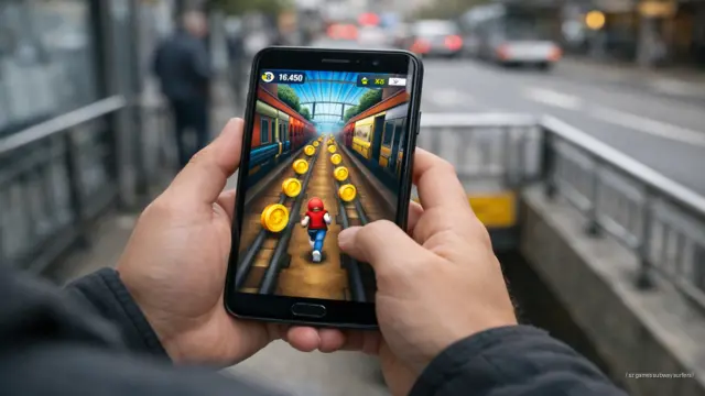 A person playing sz games subway surfers on a smartphone in a city setting.