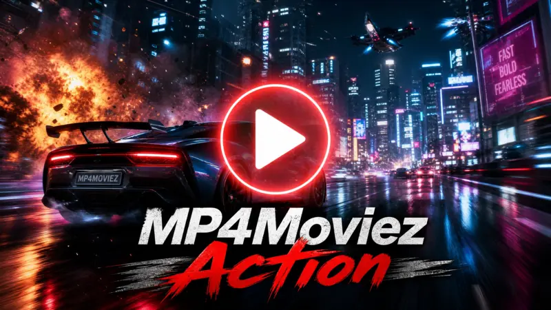 Action movie scene with a fast car and play button for MP4Moviez movies.