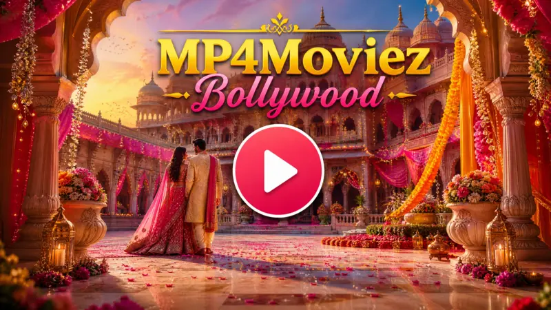 Colorful Bollywood-style movie scene with a play button and MP4Moviez branding.
