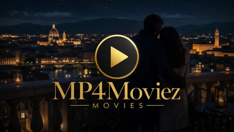 Romantic balcony scene overlooking a city with a play button and MP4Moviez text.