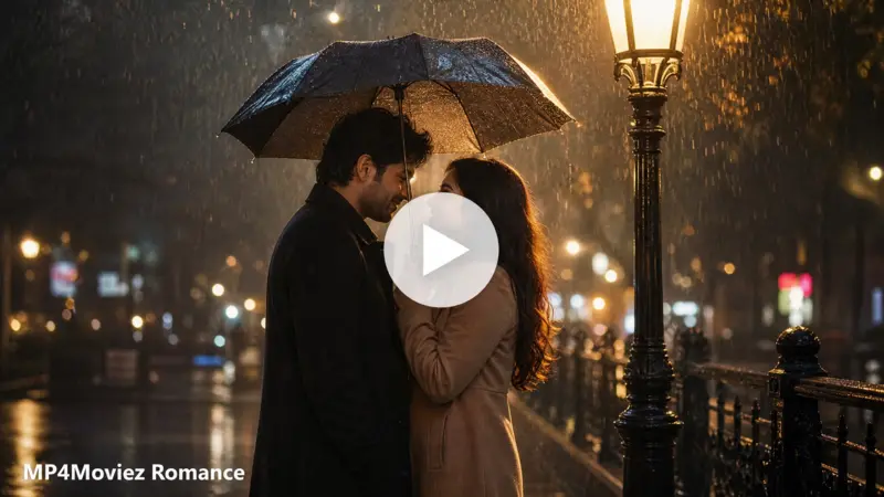 Romantic movie scene in the rain with a play button and MP4Moviez branding.
